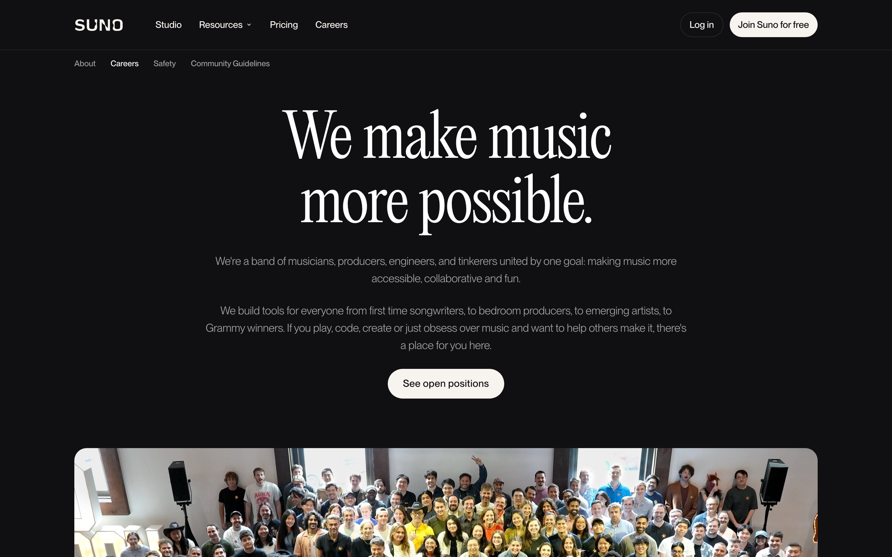 Suno careers page