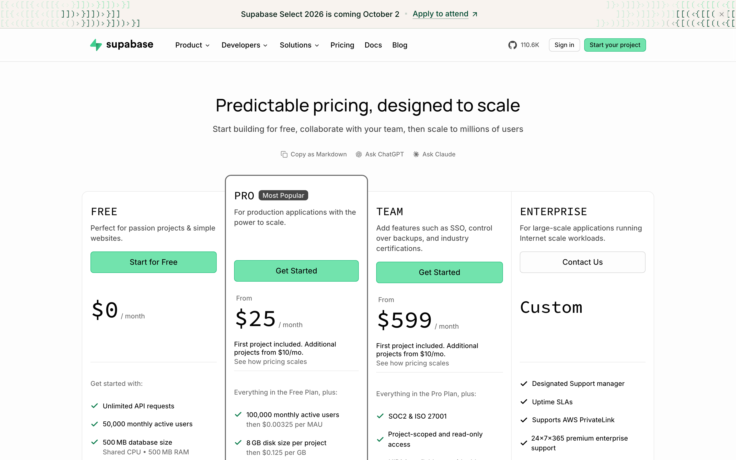 Supabase pricing page