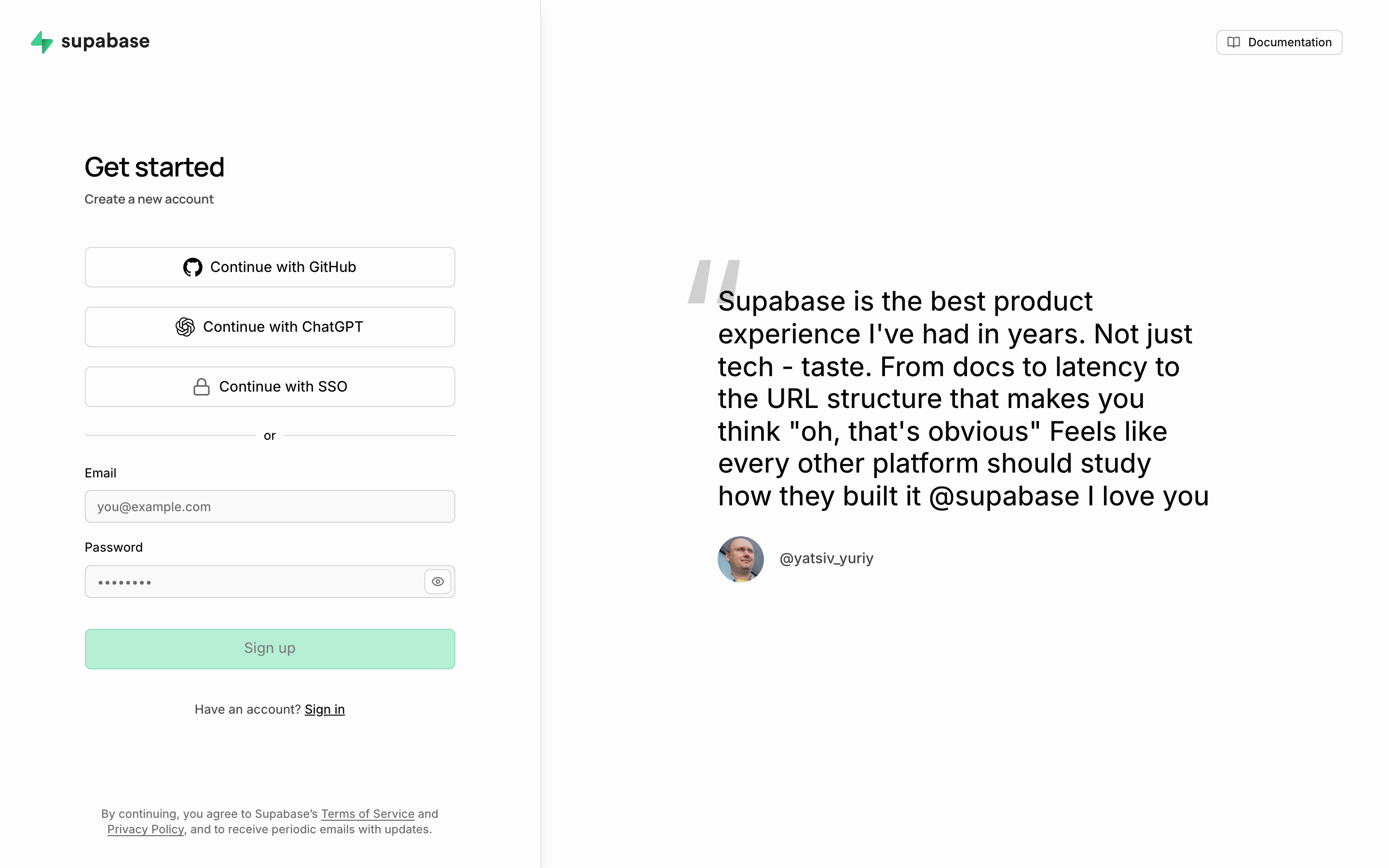 Supabase signup page