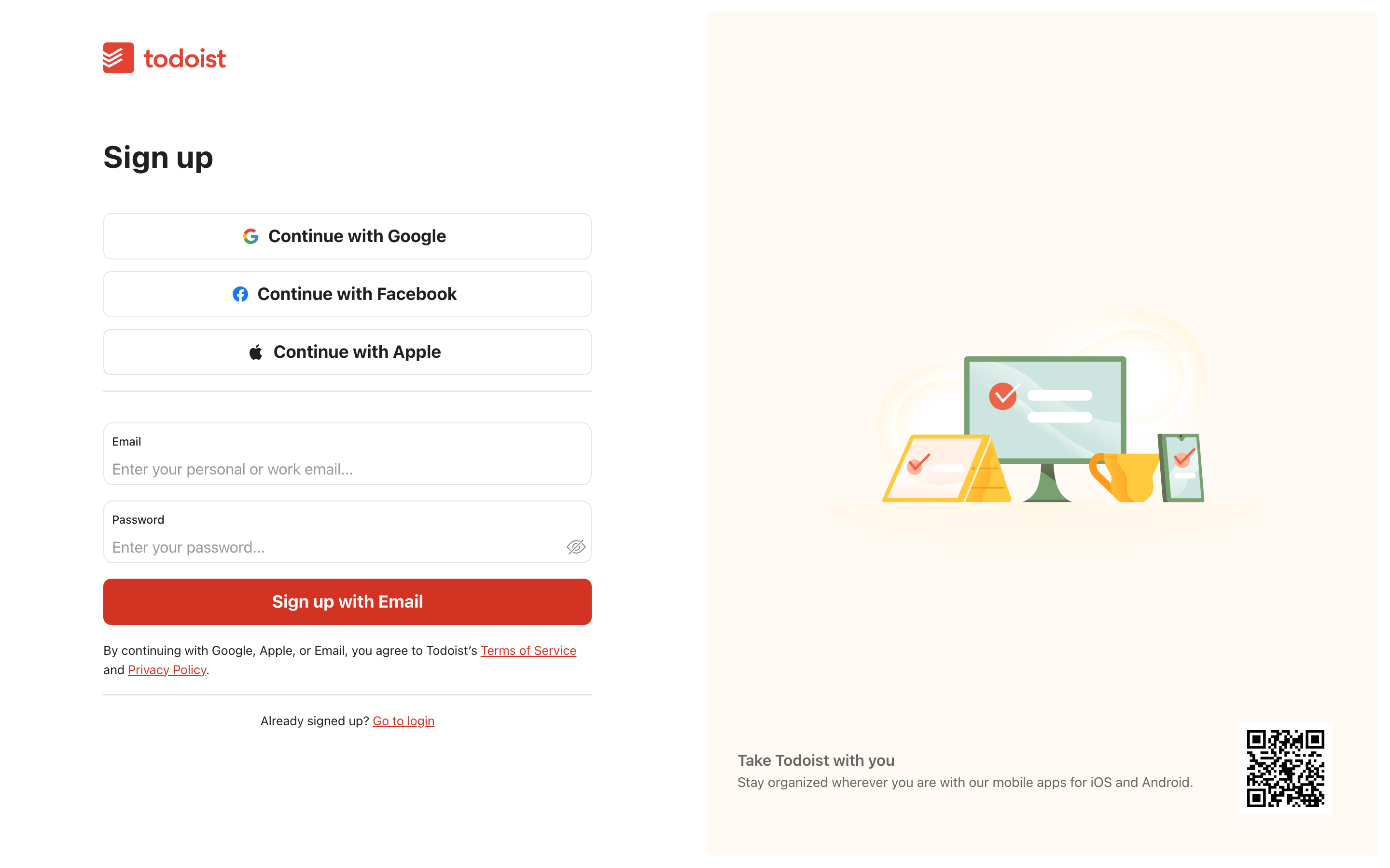 Todoist signup page
