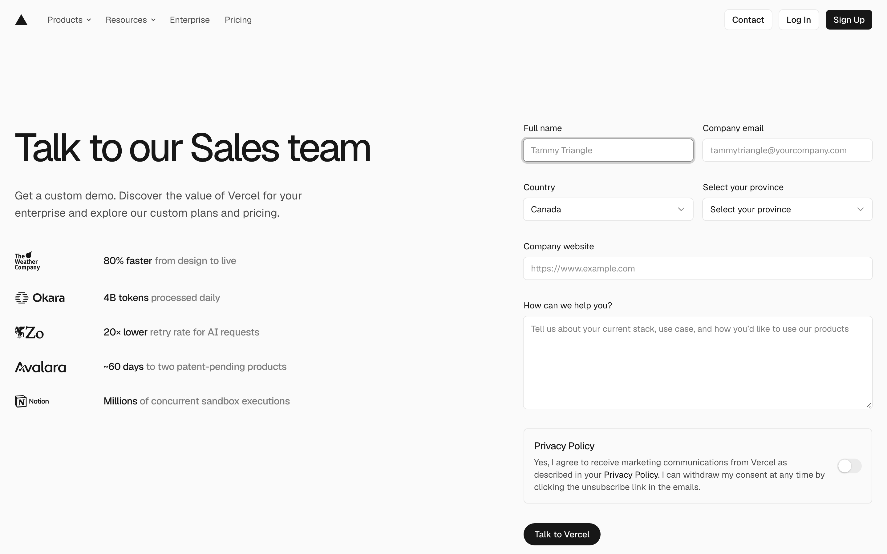 Vercel contact page